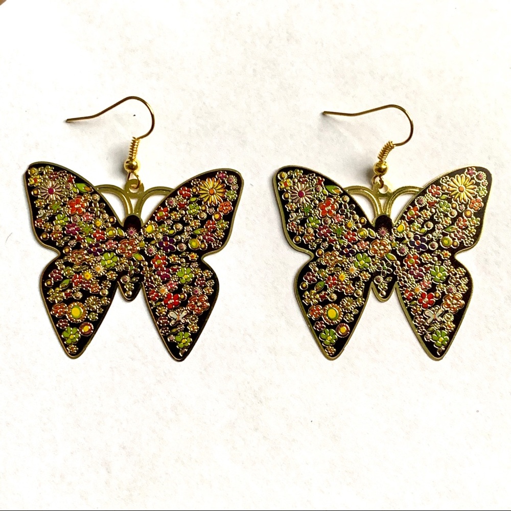 Golden Butterfly Etched Multicolor Drop Earrings
